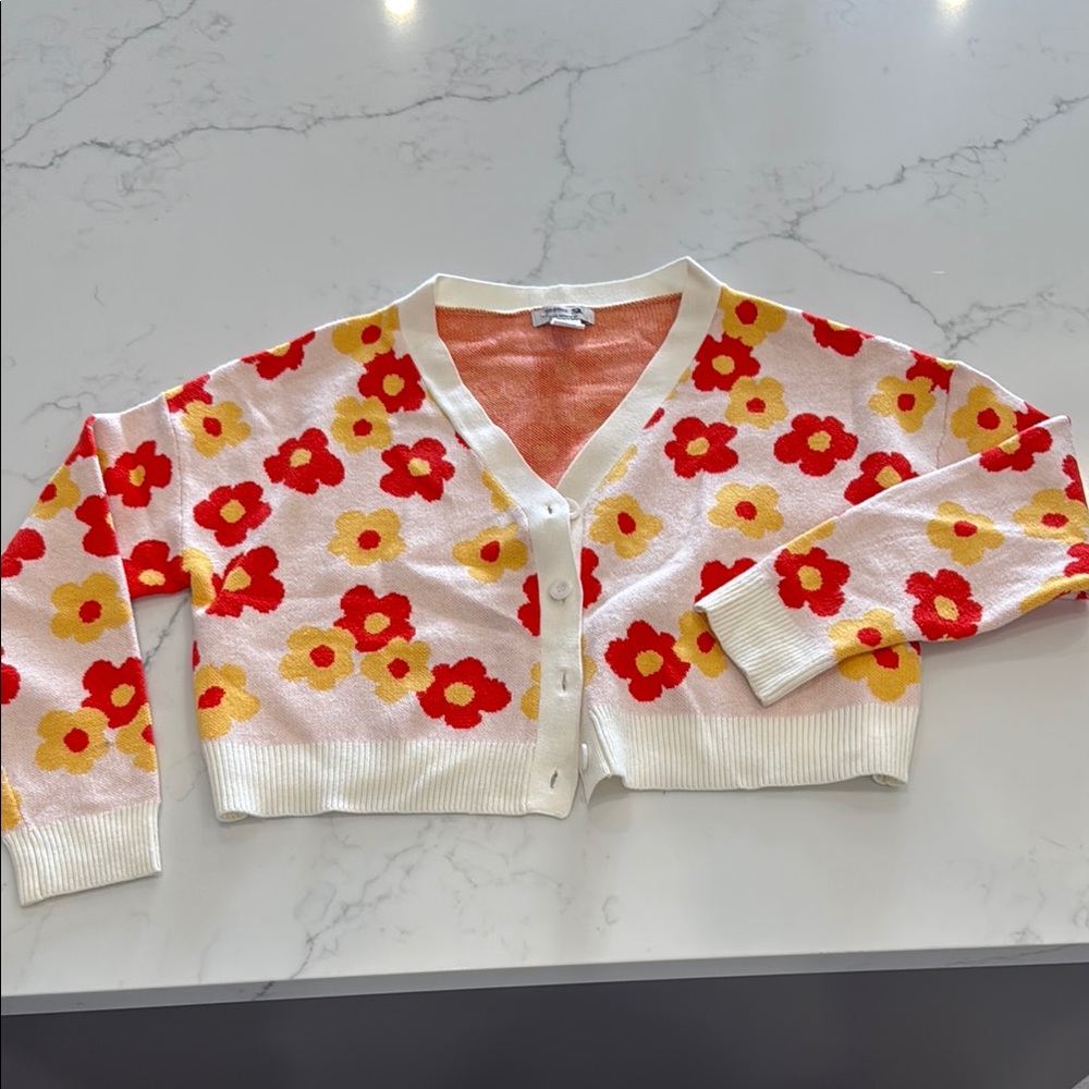 Floral Cardigan - Red and Yellow on White